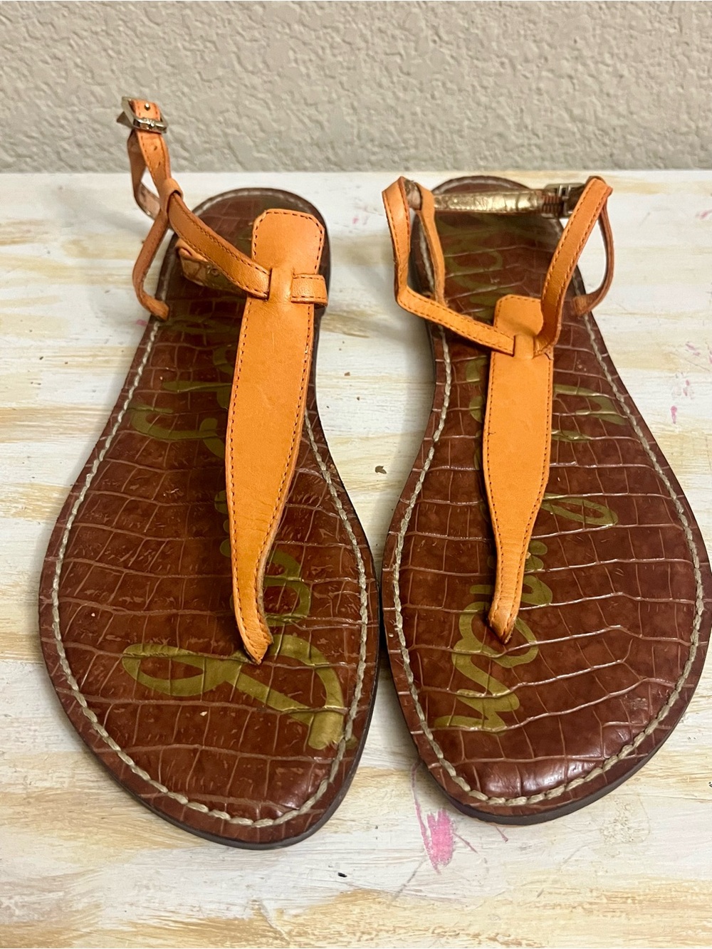 Sam Edelman Women's Orange Leather T-Strap Sandals